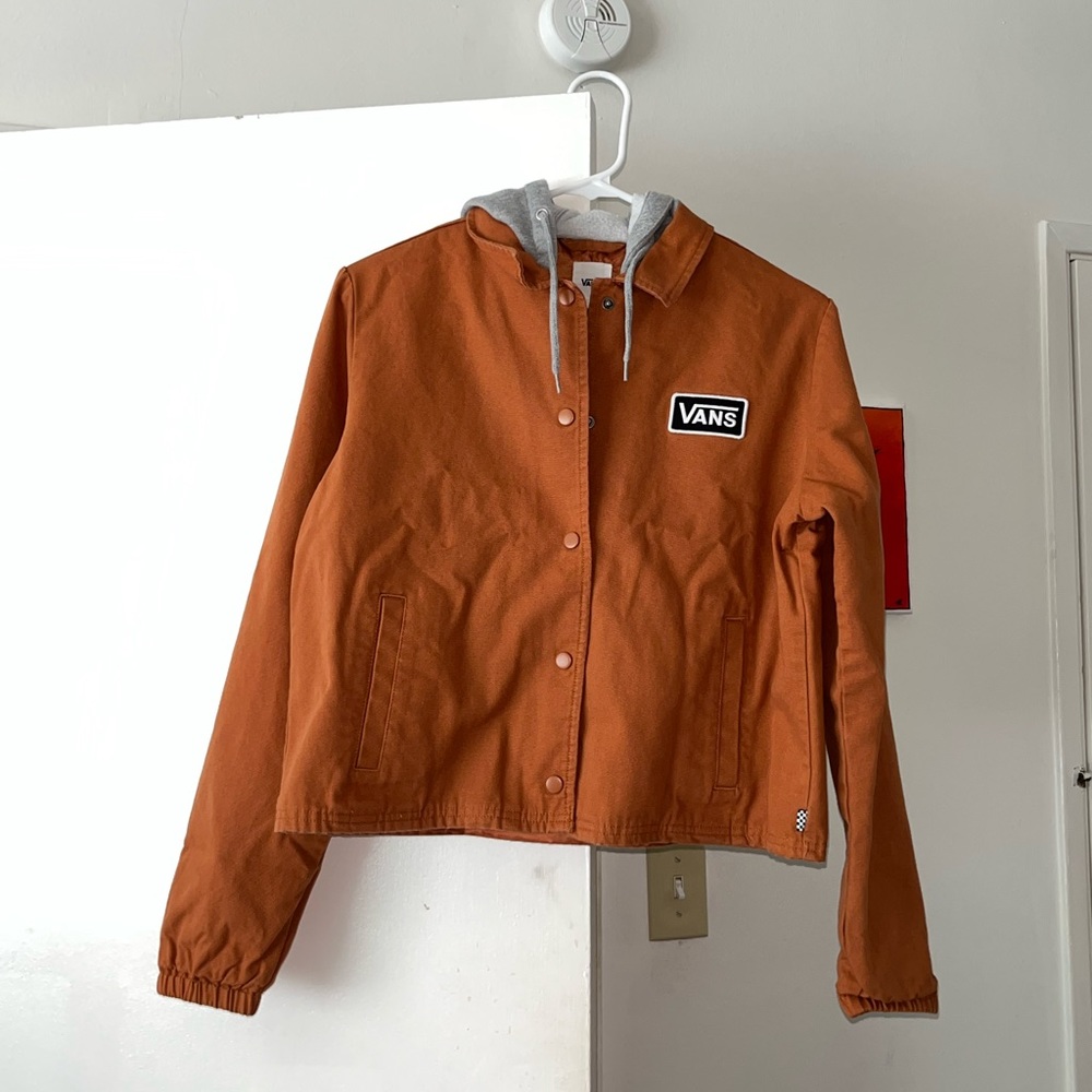Burnt orange canvas button-up Vans jacket with grey hood (S/M)